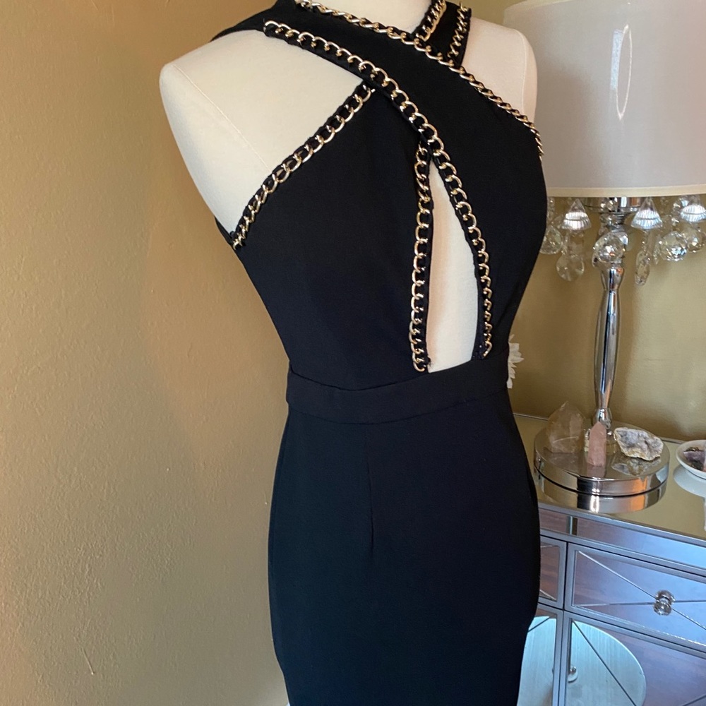 Black gold trimmed chain midi dress